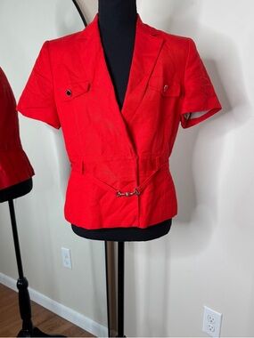 Calvin Klein Linen Blend Red Button Clasp Blouse Short Sleeve Size 10P